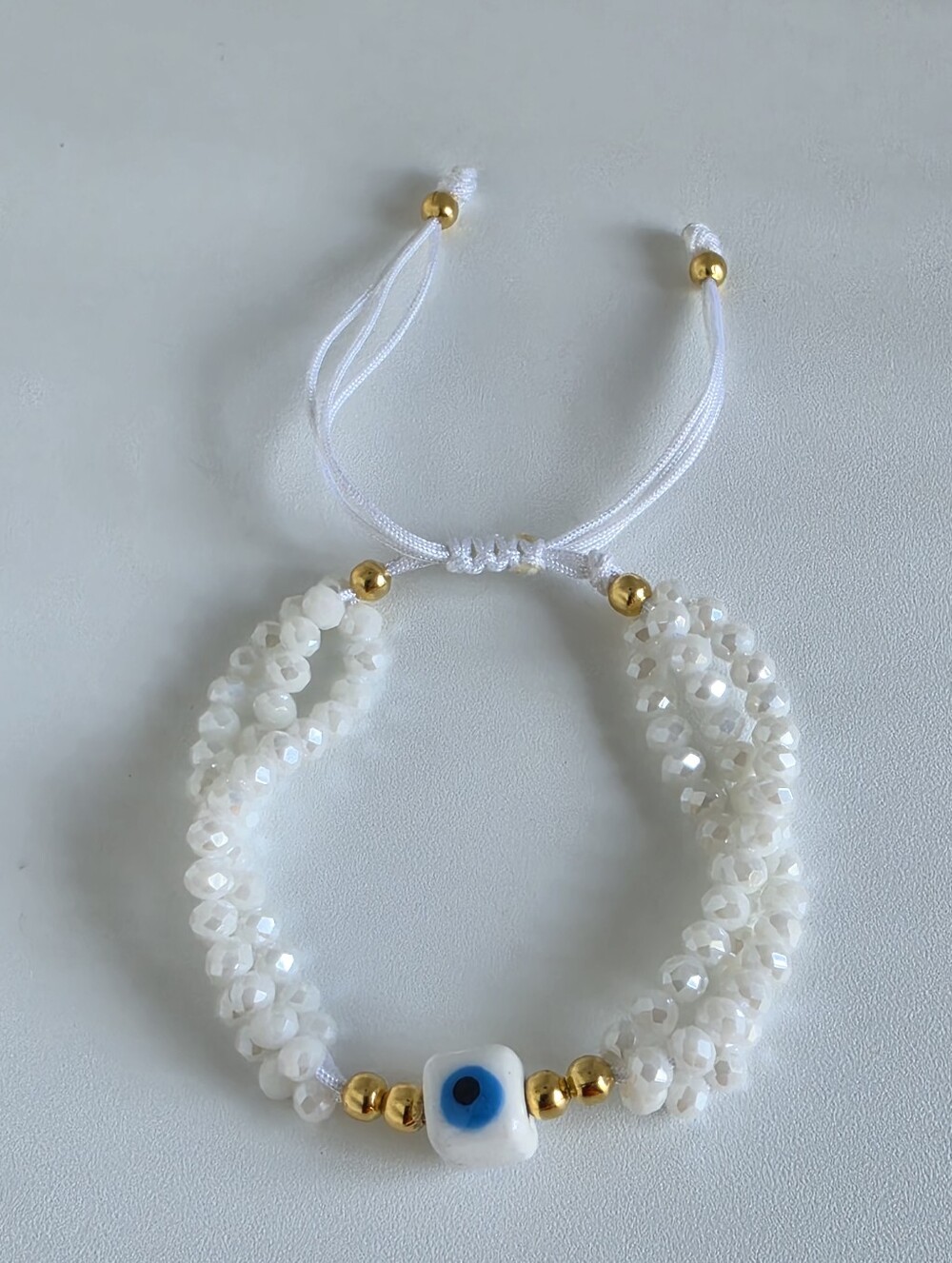 Handmade White Crystal Evil Eye Adjustable Bracelet Gold Tone Beaded Boho